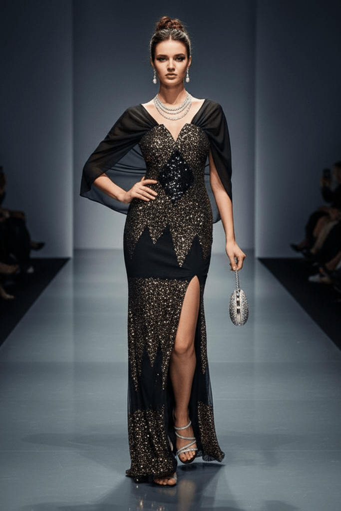 Black Sequin High Slit Evening Gown with Cape Sleeves by Shine | Party dresses from Luxe Lane | SKU: -1 | Barcode:  | Options: Black S(6) | Model walking on a fashion show runway wearing a black and gold dress.