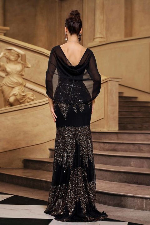 Black Sequin High Slit Evening Gown with Cape Sleeves by Shine | Party dresses from Luxe Lane | SKU: -1 | Barcode:  | Options: Black S(6) | High Quality Women Fashion Clothes Boutique Luxury Black Sequin Evening Gown High Slit Maxi Bodycon Dresses With Cape Sleeves
