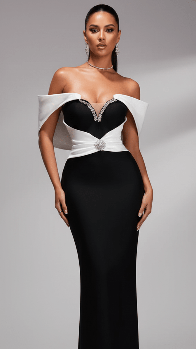 Black & White Off - Shoulder Bandage Midi Evening DressParty dressesWhiteS(6)blackLuxe Lane