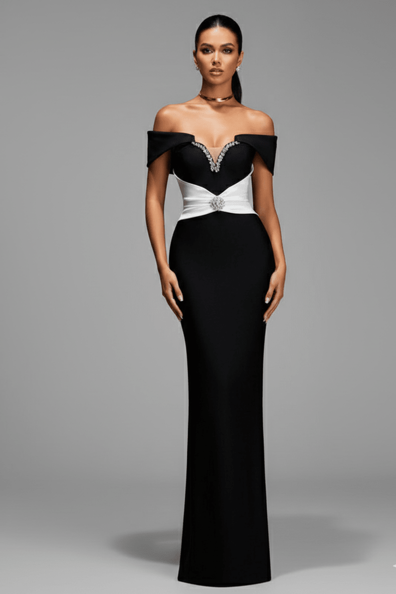 Black & White Off - Shoulder Bandage Midi Evening DressParty dressesBlackS(6)blackLuxe Lane
