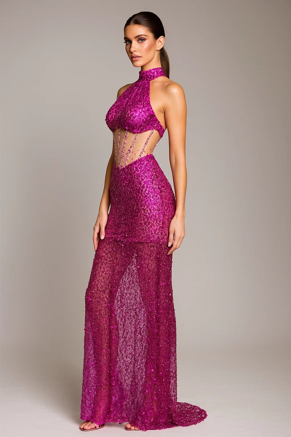 Blush Siren Gown Sequin Halter by Luxe Lane | mermaid gown from Luxe Lane | SKU:  | Barcode:  | Options: Rose Red S | Model wearing a vibrant purple lace evening gown against a neutral background
