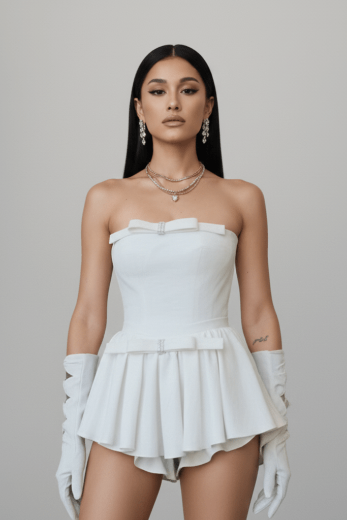 Bow Tube Mini Bodycon Dress by Luxe Lane | Club Dresses from Luxe Lane | SKU: DK120-1 | Barcode:  | Options: Black S(6) | Woman wearing a white strapless dress with a high - low hem on a gray background