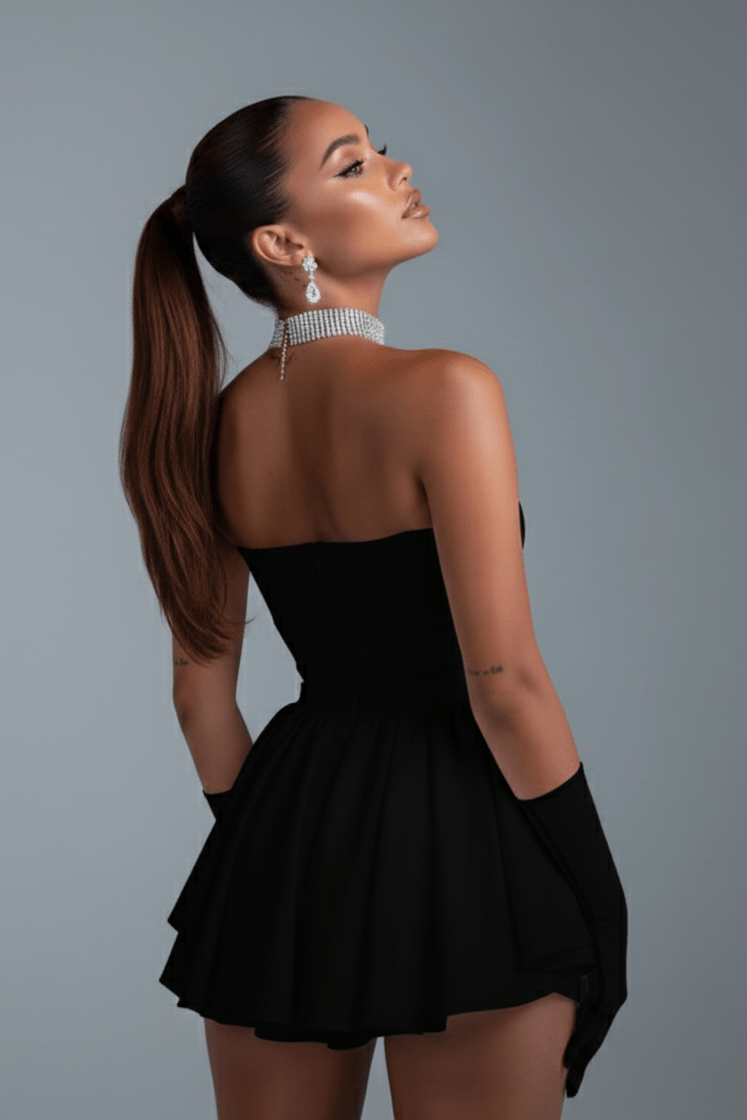 Bow Tube Mini Bodycon Dress by Luxe Lane | Club Dresses from Luxe Lane | SKU: DK120-1 | Barcode:  | Options: Black S(6) | Woman in a black dress with a high slit, standing against a gray background