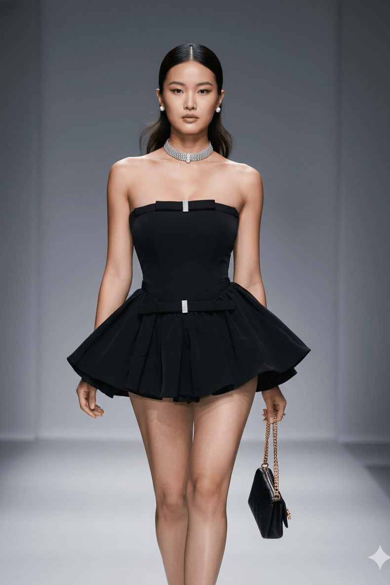Bow Tube Mini Bodycon Dress by Luxe Lane | Club Dresses from Luxe Lane | SKU: DK120-1 | Barcode:  | Options: Black S(6) | Model wearing a black strapless dress with a peplum waist on a runway.