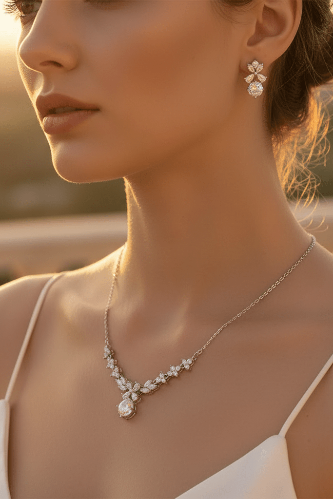 Bridal Necklace & Earrings Jewelry Set by CJ | 0 from Luxe Lane | SKU: CJLX247020001AZ | Barcode:  | Options: | Close - up of a woman wearing a necklace and earrings with a blurred background