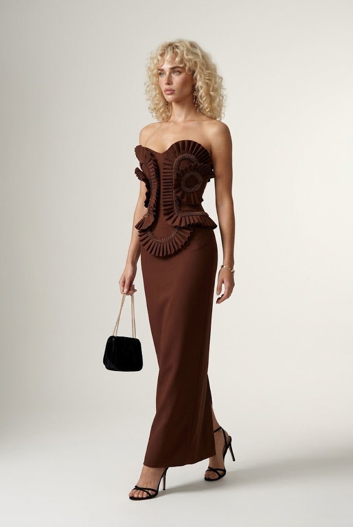 Brown Off-Shoulder Ruffle Beaded Applique Bodycon Maxi Evening GownEvening DressesBrownS(6)Luxe Lane