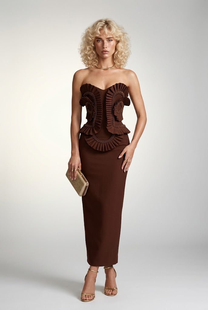 Brown Off-Shoulder Ruffle Beaded Applique Bodycon Maxi Evening GownEvening DressesBrownS(6)Luxe Lane