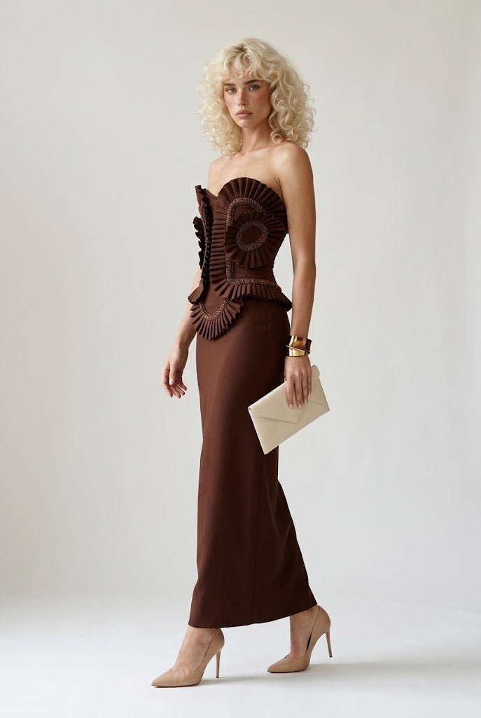Brown Off-Shoulder Ruffle Beaded Applique Bodycon Maxi Evening GownEvening DressesBrownS(6)Luxe Lane