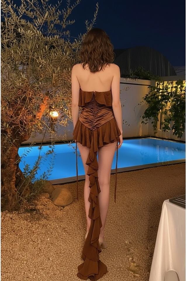 Brown Satin Halter Mini DressDressesBrownS(2)Luxe Lane