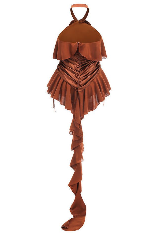 Brown Satin Halter Mini DressDressesBrownS(2)Luxe Lane