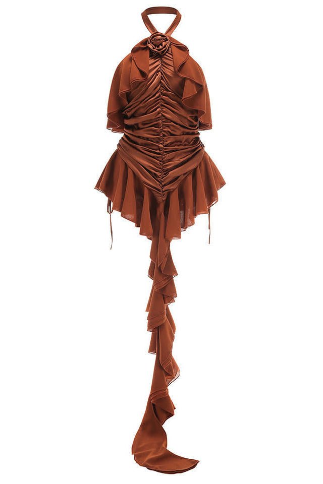 Brown Satin Halter Mini DressDressesBrownS(2)Luxe Lane