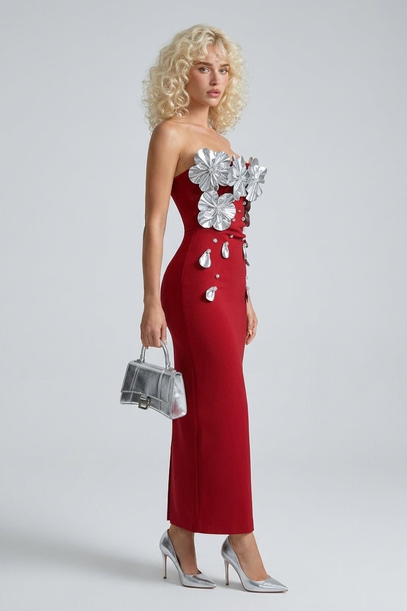 Burgundy Off-Shoulder 3D Silver Petal Bodice Rhinestone Bodycon Maxi Evening DressEvening DressesWine RedS(6)Luxe Lane