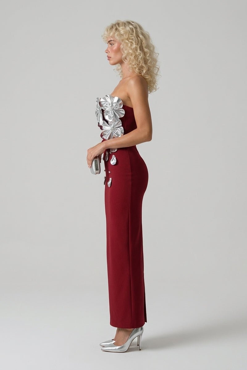 Burgundy Off-Shoulder 3D Silver Petal Bodice Rhinestone Bodycon Maxi Evening DressEvening DressesWine RedS(6)Luxe Lane