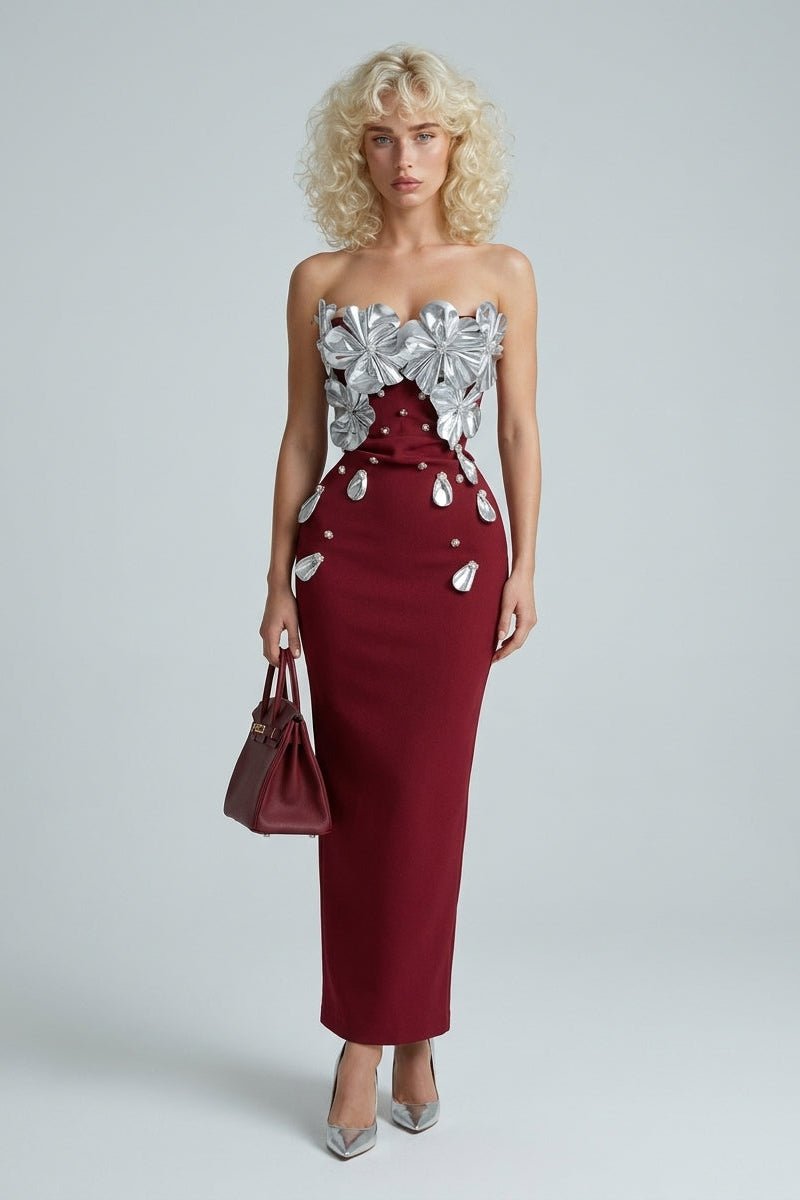 Burgundy Off-Shoulder 3D Silver Petal Bodice Rhinestone Bodycon Maxi Evening DressEvening DressesWine RedS(6)Luxe Lane