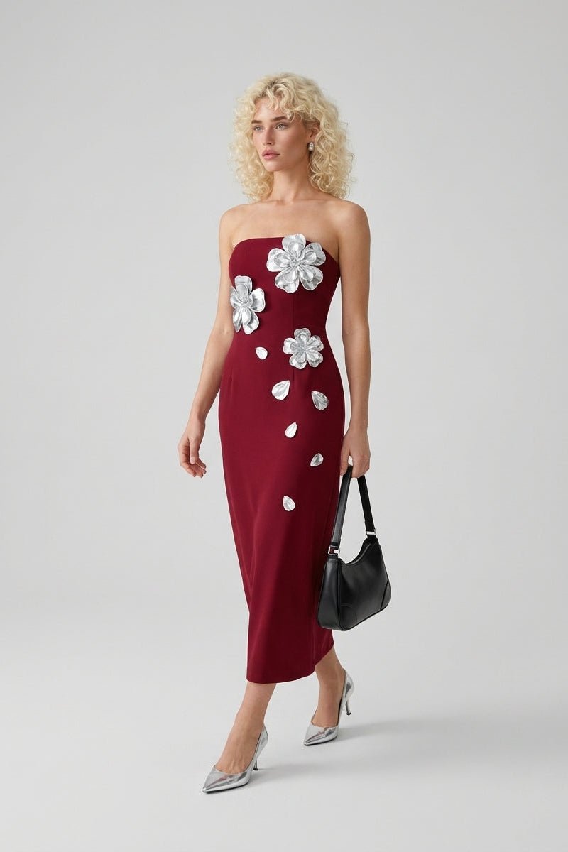 Burgundy Off-Shoulder 3D Silver Petal Bodice Rhinestone Bodycon Maxi Evening DressEvening DressesWine RedS(6)Luxe Lane