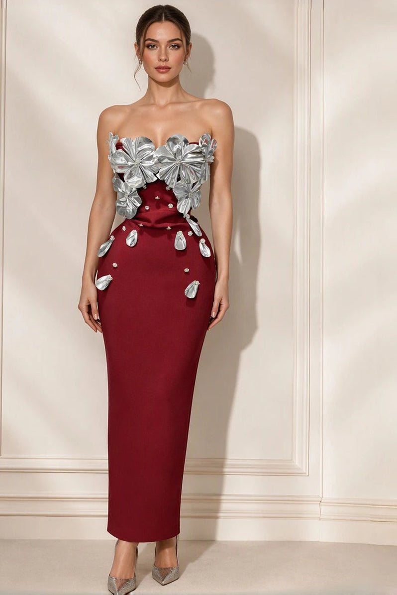 Burgundy Off-Shoulder 3D Silver Petal Bodice Rhinestone Bodycon Maxi Evening DressEvening DressesWine RedS(6)Luxe Lane