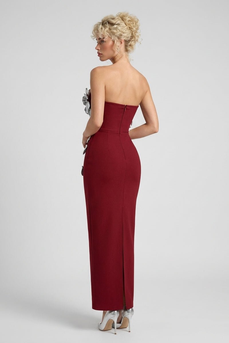 Burgundy Off-Shoulder 3D Silver Petal Bodice Rhinestone Bodycon Maxi Evening DressEvening DressesWine RedS(6)Luxe Lane
