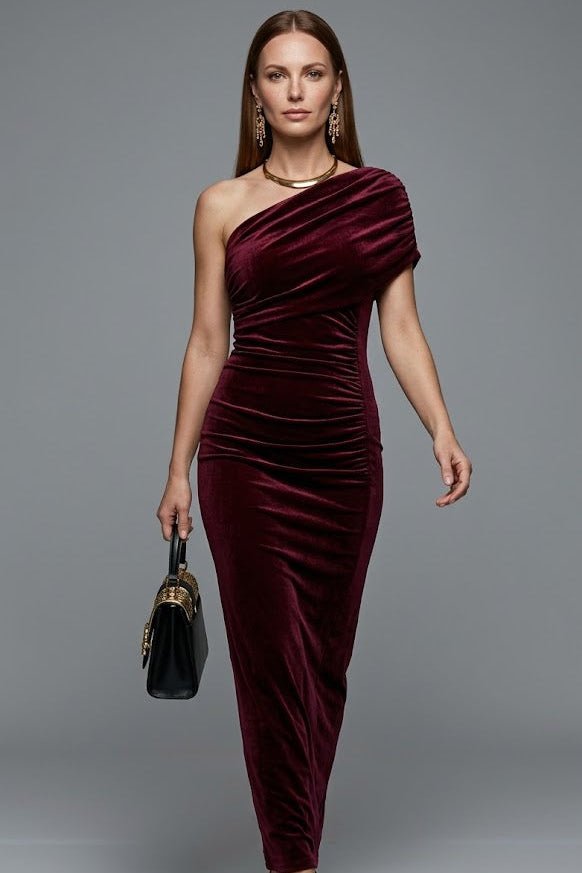 Burgundy One Shoulder Maxi DressParty DressesWine RedS(2)Luxe Lane