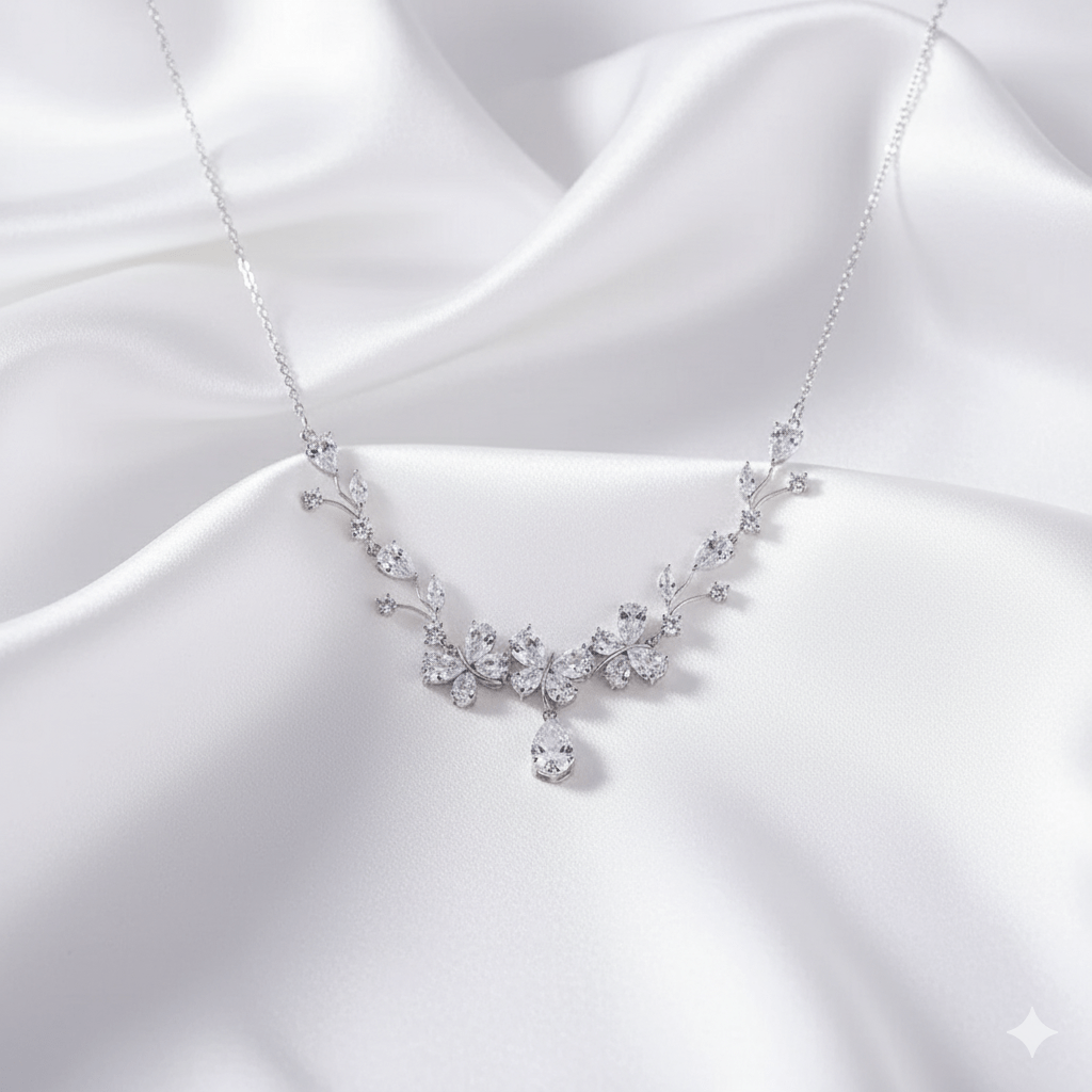 Butterfly Zircon Bridal Necklace & Earrings Set by CJ | 0 from Luxe Lane | SKU: CJYD247022401AZ | Barcode:  | Options: White | Butterfly Zircon Bridal Necklace & Earrings Set