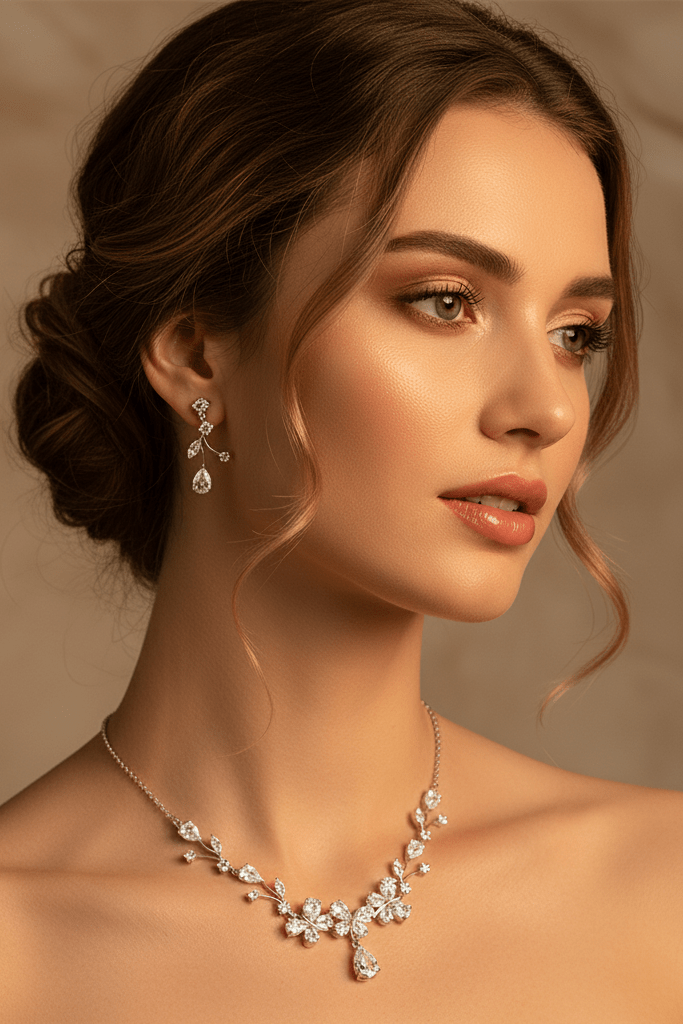 Butterfly Zircon Bridal Necklace & Earrings Set by CJ | 0 from Luxe Lane | SKU: CJYD247022401AZ | Barcode:  | Options: White | Butterfly Zircon Bridal Necklace & Earrings Set
