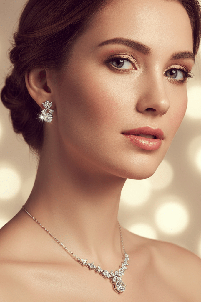 Butterfly Zircon Bridal Necklace & Earrings Set by CJ | 0 from Luxe Lane | SKU: CJYD247022401AZ | Barcode:  | Options: White | Woman wearing a diamond necklace and earrings with a soft, blurred background