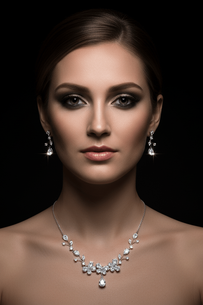 Butterfly Zircon Bridal Necklace & Earrings Set by CJ | 0 from Luxe Lane | SKU: CJYD247022401AZ | Barcode:  | Options: White | Woman wearing a necklace and earrings against a black background