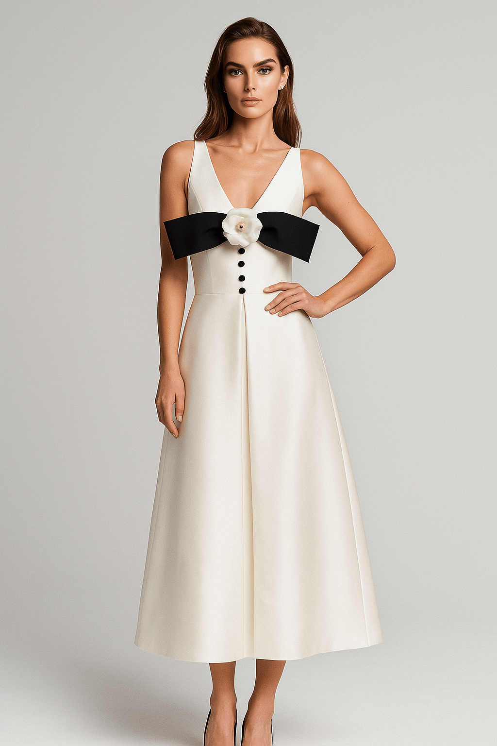 Camellia Grace White Satin Gown with Black Bow by Luxe Lane | from Luxe Lane | SKU:  | Barcode:  | Options: White S | Camellia Grace White Satin Gown with Black Bow