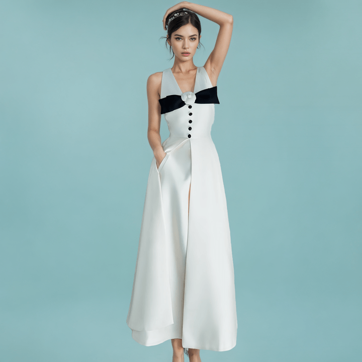 Camellia Grace White Satin Gown with Black Bow by Luxe Lane | from Luxe Lane | SKU:  | Barcode:  | Options: White S | Luxury White Satin Cocktail Dress Sleeveless High End Party Wear Prom Evening Dresses Formal Gown With Camellia Black Bow