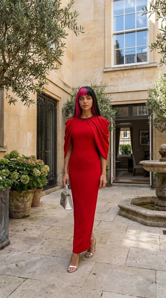Cape Sleeve Party Maxi GownEvening DressesRedS(2)redLuxe Lane