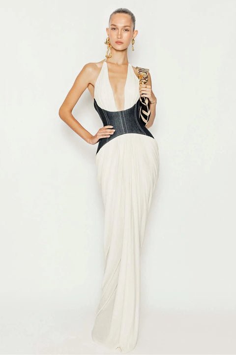 Capri Halter Corset Dress by Shine | Dresses from Luxe Lane | SKU:  | Barcode:  | Options: White XS | Boutique Women Clothing Elegant White Halter Deep V Neck Contrast Color Denim Corset Waist Pleated Maxi Evening Party Dress