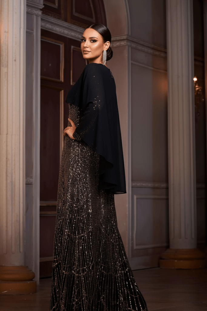 Cassia Black & Gold Sequin Cape Gown by Shine | Evening Dresses from Luxe Lane | SKU: -1 | Barcode:  | Options: Black gold S(6) | Cassia Black & Gold Sequin Cape Gown