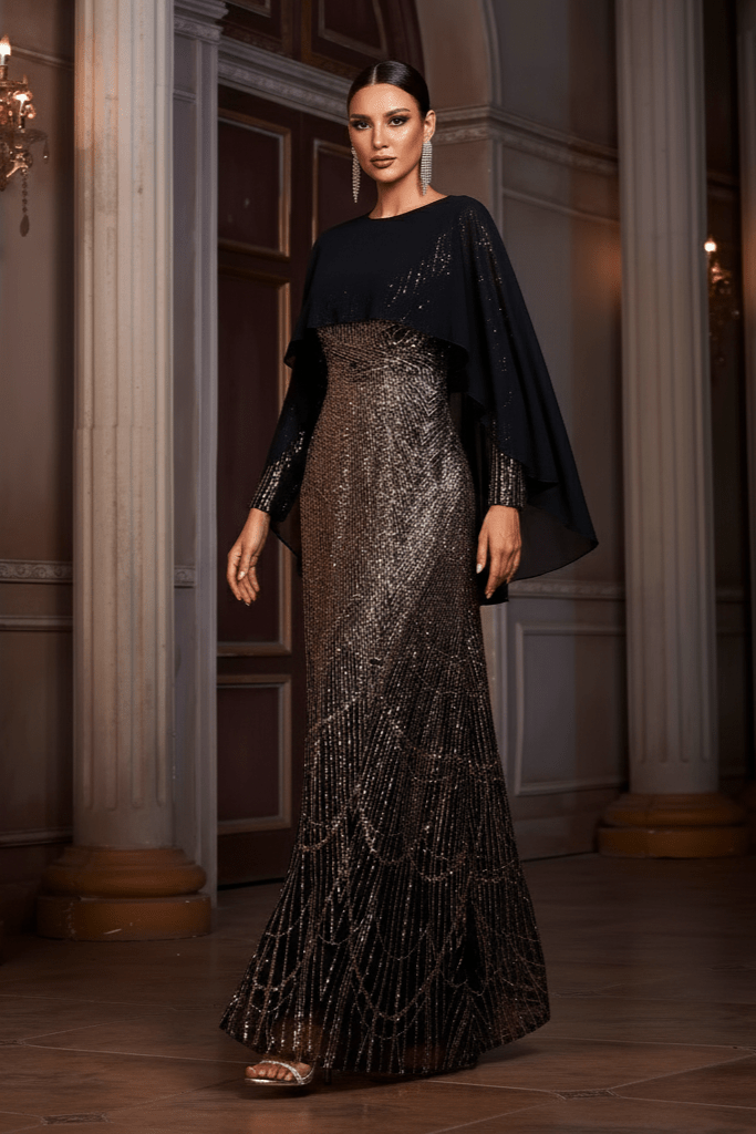 Cassia Black & Gold Sequin Cape Gown by Shine | Evening Dresses from Luxe Lane | SKU: -1 | Barcode:  | Options: Black gold S(6) | Cassia Black & Gold Sequin Cape Gown