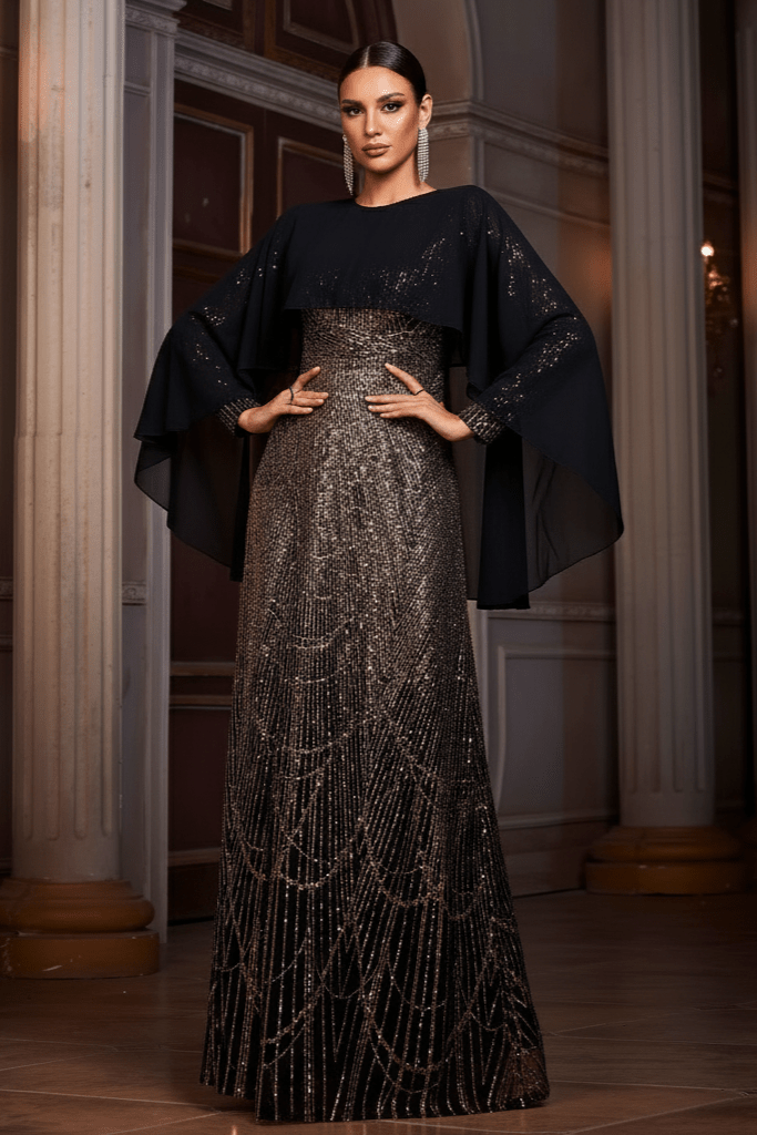 Cassia Black & Gold Sequin Cape Gown by Shine | Evening Dresses from Luxe Lane | SKU: -1 | Barcode:  | Options: Black gold S(6) | Cassia Black & Gold Sequin Cape Gown