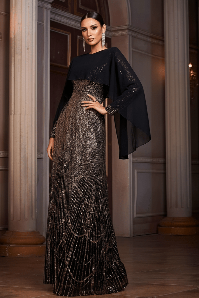 Cassia Black & Gold Sequin Cape Gown by Shine | Evening Dresses from Luxe Lane | SKU: -1 | Barcode:  | Options: Black gold S(6) | Cassia Black & Gold Sequin Cape Gown