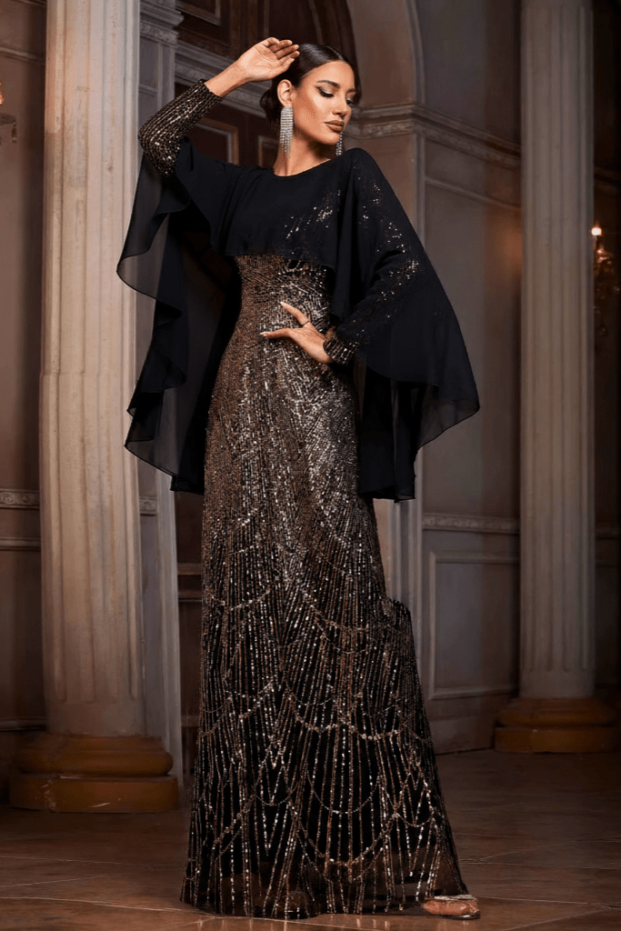 Cassia Black & Gold Sequin Cape Gown by Shine | Evening Dresses from Luxe Lane | SKU: -1 | Barcode:  | Options: Black gold S(6) | Cassia Black & Gold Sequin Cape Gown