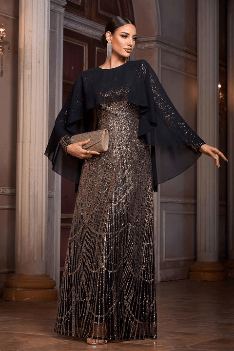Cassia Black & Gold Sequin Cape Gown by Shine | Evening Dresses from Luxe Lane | SKU: -1 | Barcode:  | Options: Black gold S(6) | Dropshipping Women Garment High End Black and Gold Sequins Long Sleeve Cape Maxi Long Party Gown Luxury Sequin Evening Dresses