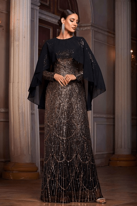 Cassia Black & Gold Sequin Cape Gown by Shine | Evening Dresses from Luxe Lane | SKU: -1 | Barcode:  | Options: Black gold S(6) | Dropshipping Women Garment High End Black and Gold Sequins Long Sleeve Cape Maxi Long Party Gown Luxury Sequin Evening Dresses