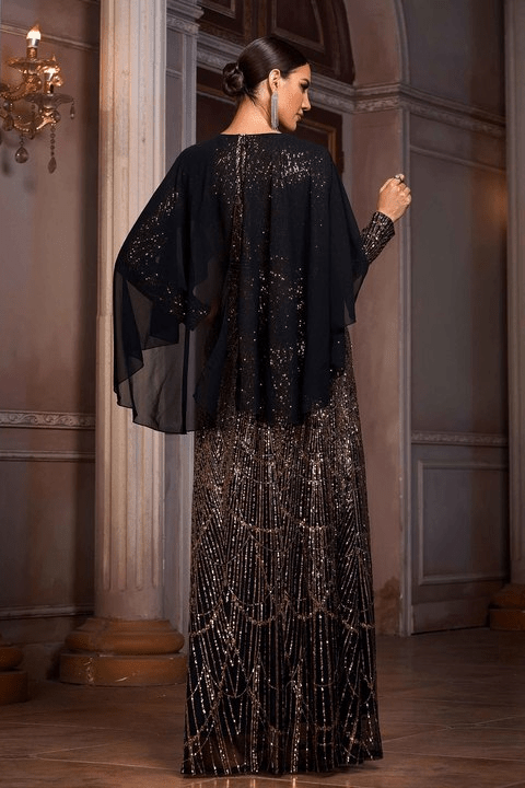 Cassia Black & Gold Sequin Cape Gown by Shine | Evening Dresses from Luxe Lane | SKU: -1 | Barcode:  | Options: Black gold S(6) | Dropshipping Women Garment High End Black and Gold Sequins Long Sleeve Cape Maxi Long Party Gown Luxury Sequin Evening Dresses