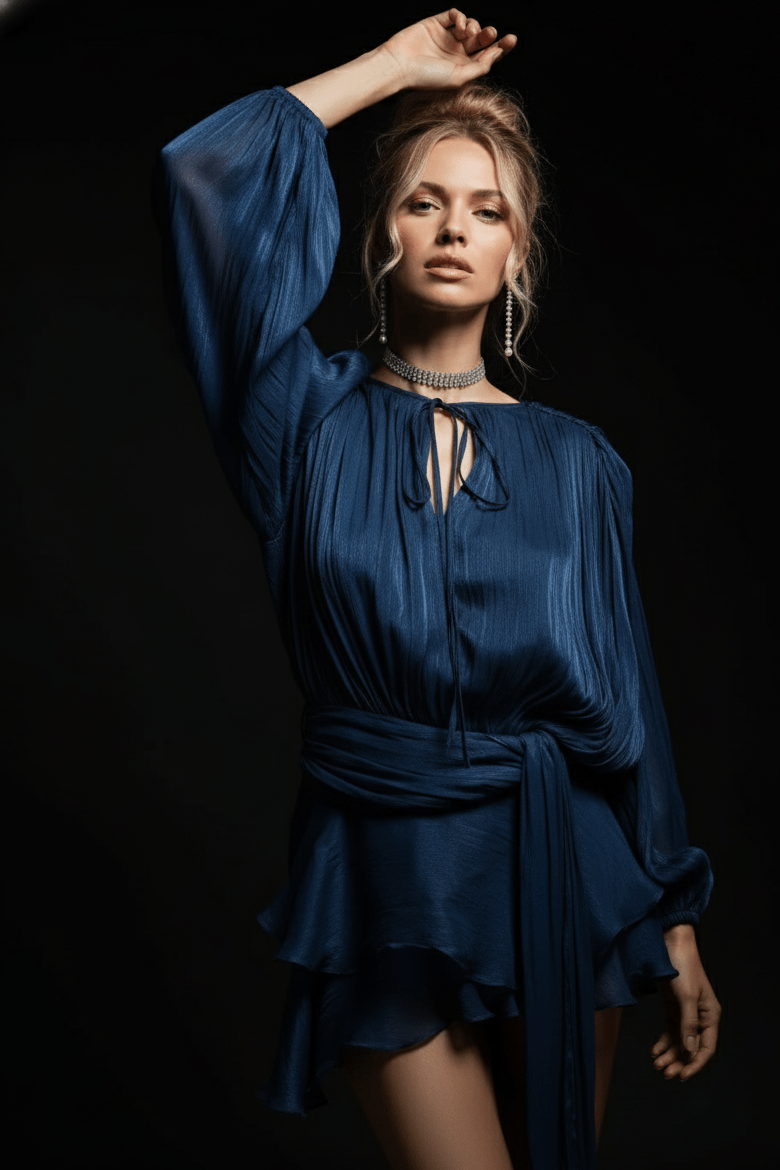 Celesta Pleated Ribbon Mini Dress by Luxe Lane | from Luxe Lane | SKU: -17 | Barcode:  | Options: navy blue S | Woman wearing a blue dress against a black background