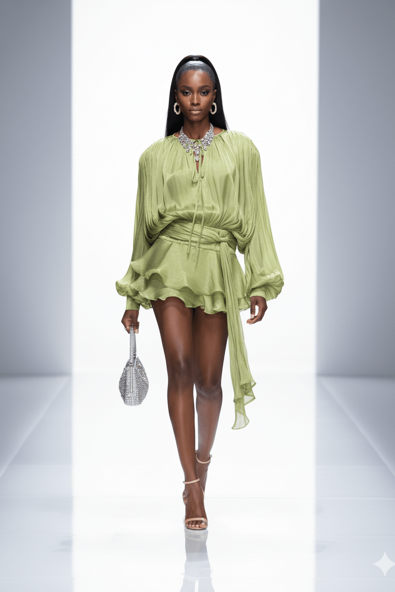 Celesta Pleated Ribbon Mini Dress by Luxe Lane | from Luxe Lane | SKU: -17 | Barcode:  | Options: navy blue S | Model wearing a light green outfit on a runway
