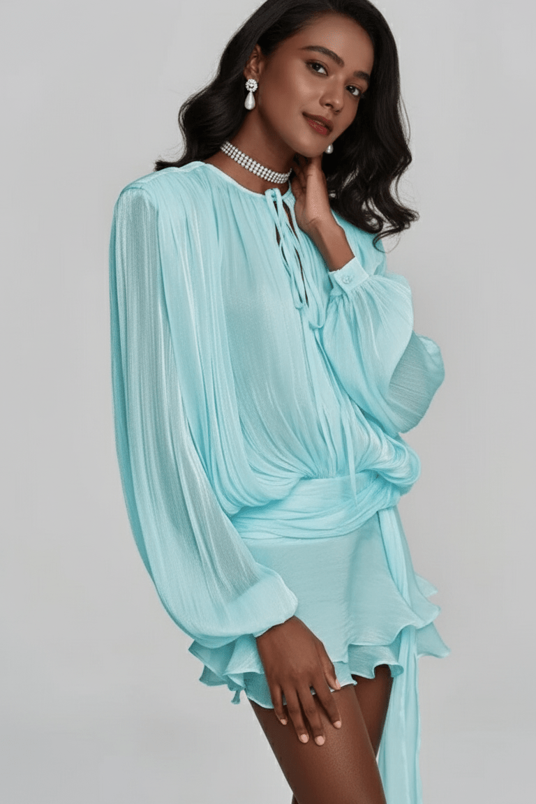 Celesta Pleated Ribbon Mini Dress by Luxe Lane | from Luxe Lane | SKU: -25 | Barcode:  | Options: blue S | Woman wearing a light blue dress with long sleeves on a white background