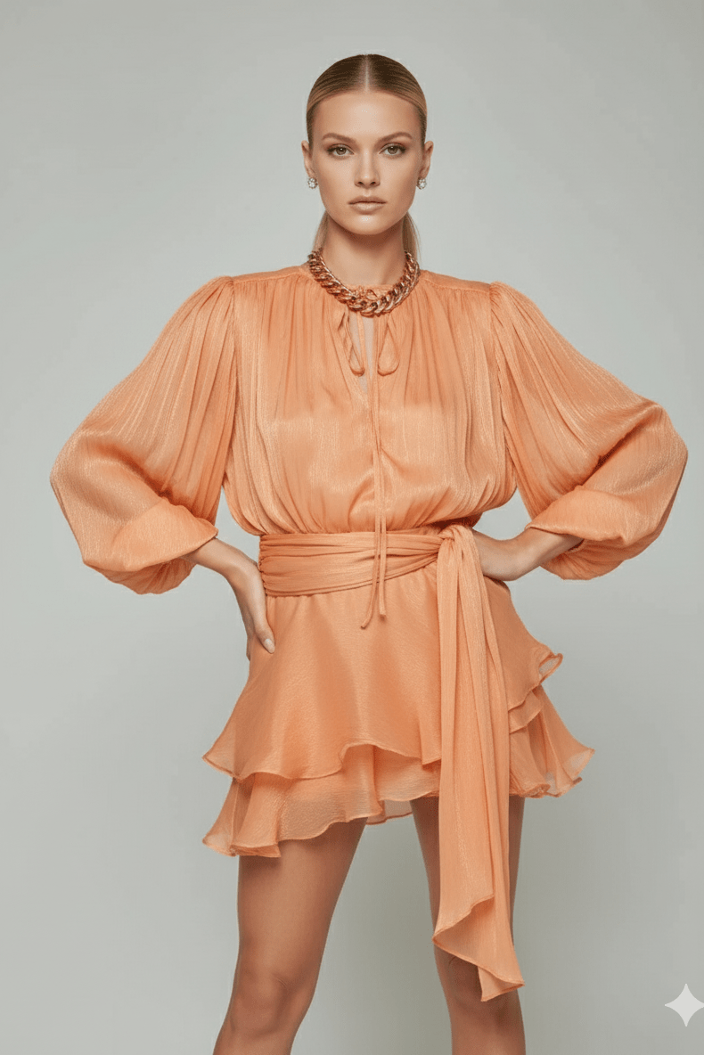 Celesta Pleated Ribbon Mini Dress by Luxe Lane | from Luxe Lane | SKU: -29 | Barcode:  | Options: orange S | Woman wearing a peach - colored dress with long sleeves on a gray background