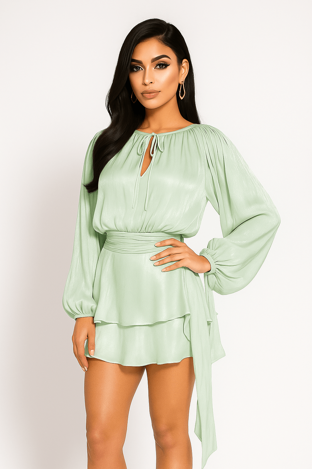 Celesta Pleated Ribbon Mini Dress by Luxe Lane | from Luxe Lane | SKU: -37 | Barcode:  | Options: yellow S | Woman wearing a light green dress with long sleeves on a white background