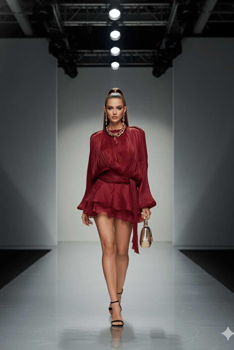 Celesta Pleated Ribbon Mini Dress by Luxe Lane | from Luxe Lane | SKU: -49 | Barcode:  | Options: purple S | Model wearing a burgundy dress on a runway