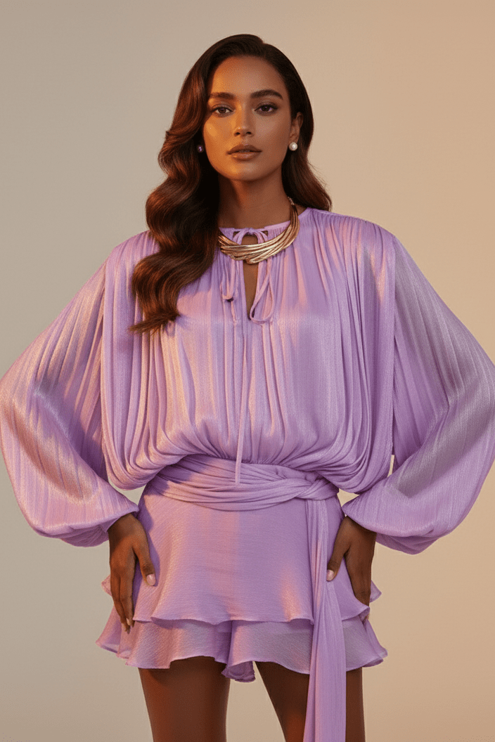 Celesta Pleated Ribbon Mini Dress by Luxe Lane | from Luxe Lane | SKU: -49 | Barcode:  | Options: purple S | Celesta Pleated Ribbon Mini Dress