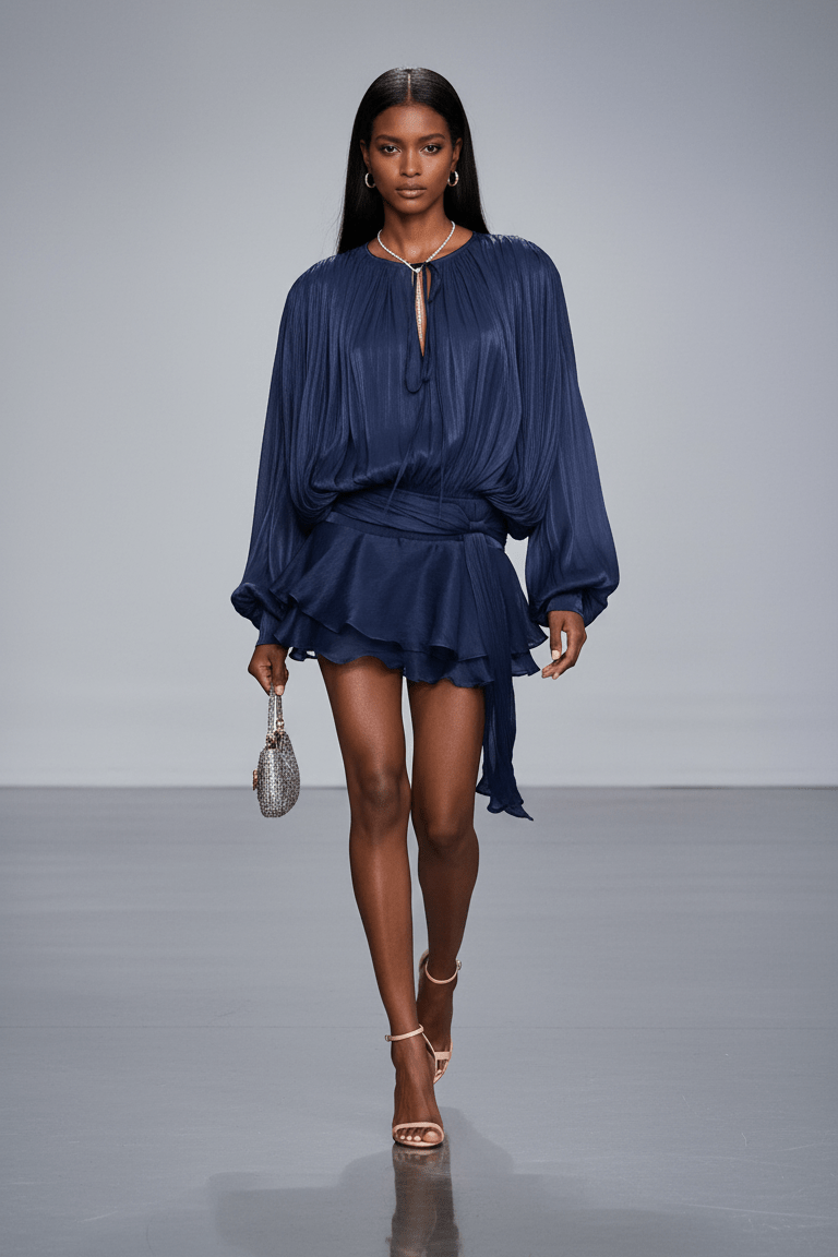 Celesta Pleated Ribbon Mini Dress by Luxe Lane | from Luxe Lane | SKU: -49 | Barcode:  | Options: purple S | Model wearing a navy blue dress on a gray background