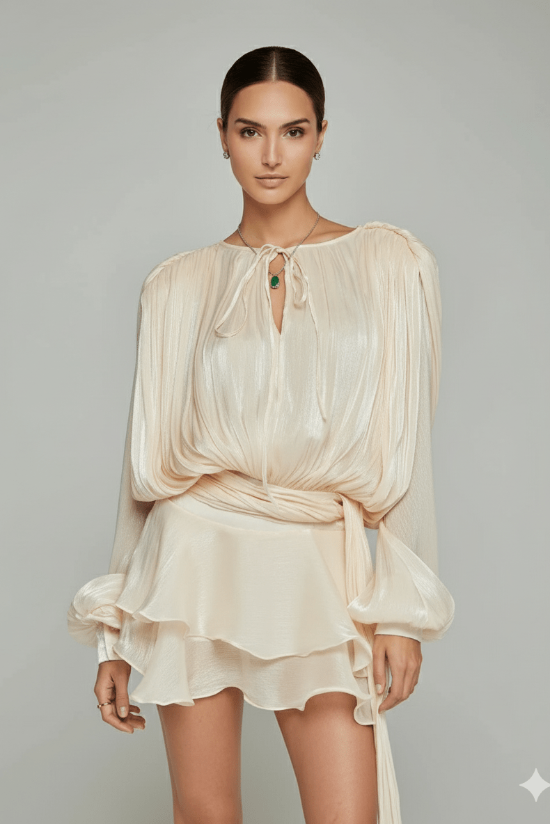 Celesta Pleated Ribbon Mini Dress by Luxe Lane | from Luxe Lane | SKU: -49 | Barcode:  | Options: purple S | Woman wearing a beige dress with long sleeves against a gray background