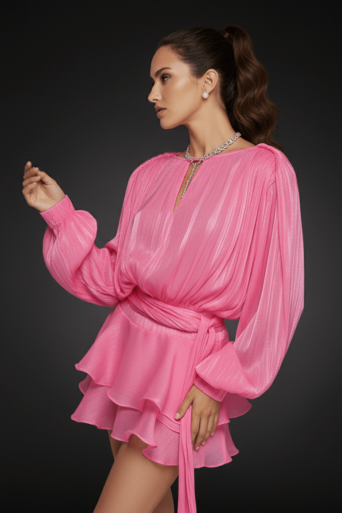 Celesta Pleated Ribbon Mini Dress by Luxe Lane | from Luxe Lane | SKU: -9 | Barcode:  | Options: Black S | Woman wearing a pink dress against a black background