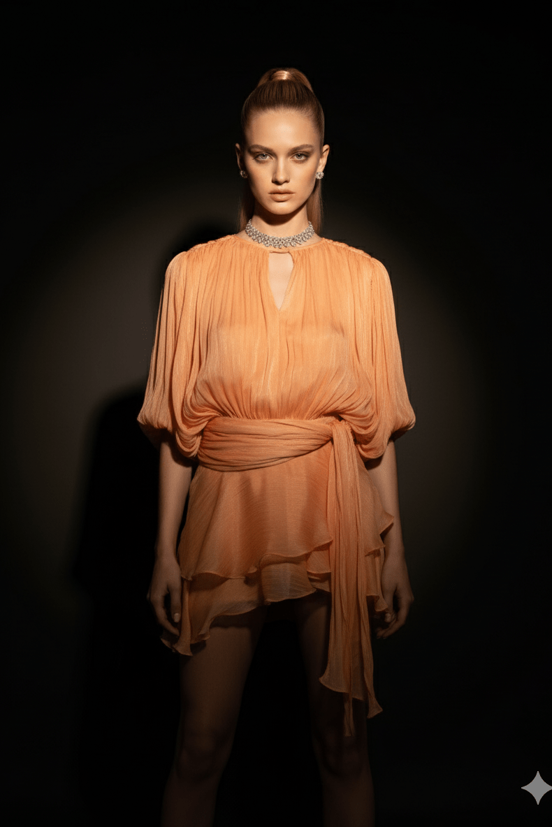 Celesta Pleated Ribbon Mini Dress by Luxe Lane | from Luxe Lane | SKU:  | Barcode:  | Options: Apricot S | Woman wearing a peach - colored dress with a dark background