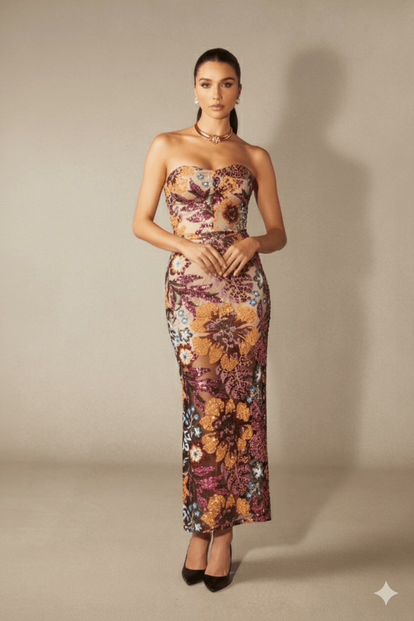 Celeste Bloom Strapless Embroidered by Luxe Lane | sheath gown from Luxe Lane | SKU:  | Barcode:  | Options: pink S | Celeste Bloom Strapless Embroidered